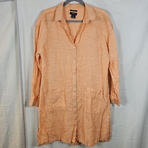 Jones New York 100% Linen Shirt Dress Button Front Size Large Orange Tropical